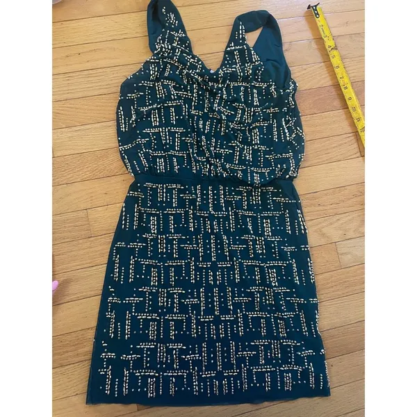 Cache Dark‎ teal Golden beaded blouson mini party dress fancy size 4 Retail $268 - Image 4