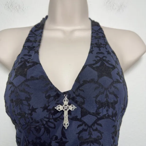 White Fox Women Thou Shalt Not Mini Dress Small Midnight Blue Velvet Grunge - Image 5