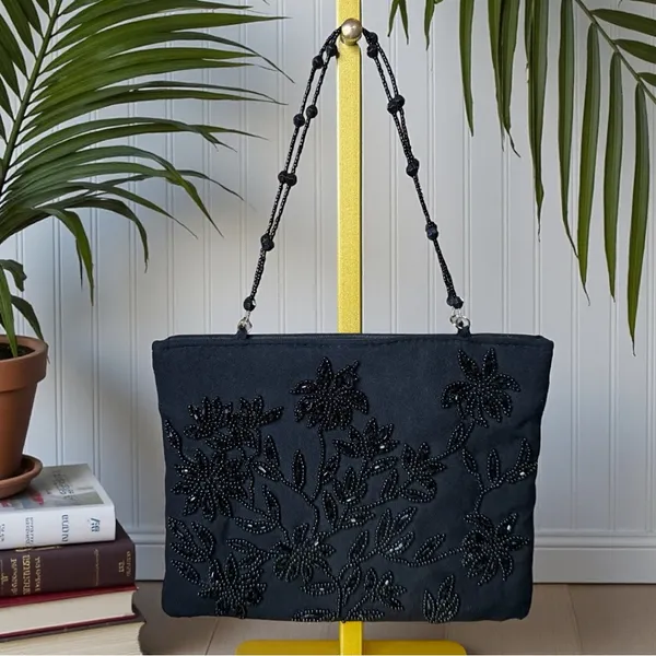 BEBE Black Beaded Evening Purse – Floral Shoulder Bag - Image 2