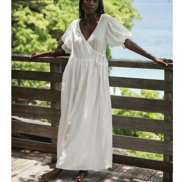 Daughters of India Uma Textured Cotton Wrap Maxi Dress White Size XL - Image 7