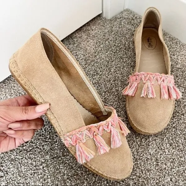 Espadrille Flats Size 38 Tan Suede Tassel Slip On Braided Boho Cottage Vacation‎ - Image 8
