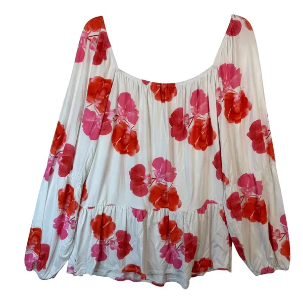 Shavonne Dorsey Floral Peasant Blouse Long Sleeve Pink‎ Red White Boho Top 1X - Image 2