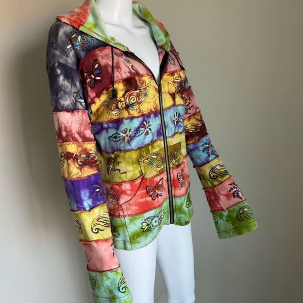 Rainbow Patchwork Boho Hippie Tie Dyed Full Zip Hoodie Women’s Size M/L - Image 3
