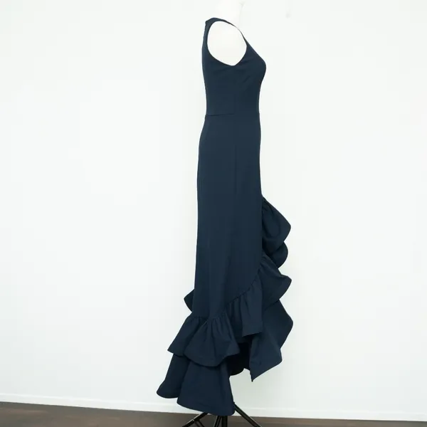Betsy‎ & Adam Arielle Scuba Crepe Ruffle Slit Gown Navy Size 2 - Image 4