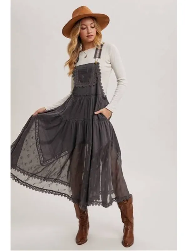 Lace Embroidered Tulle Bib Maxi Bohemian Apron Dress Size XL - Image 3