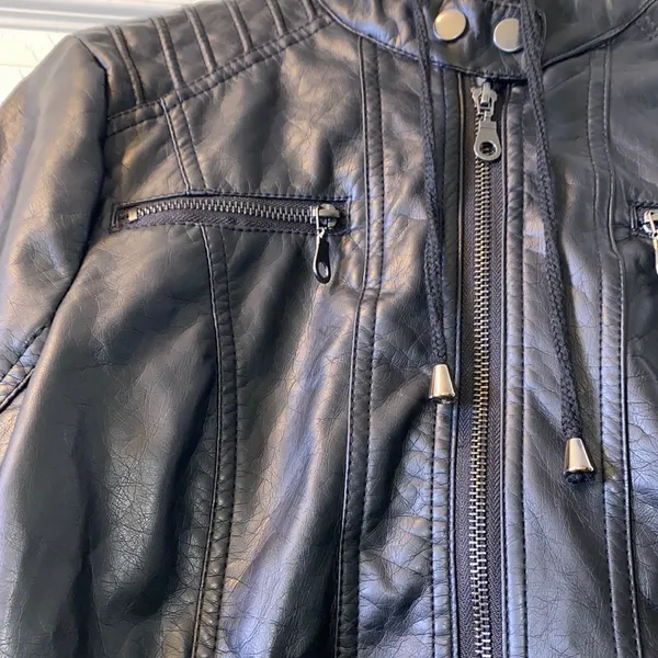 Faux Leather Double Zip Biker Jacket Black - Image 7