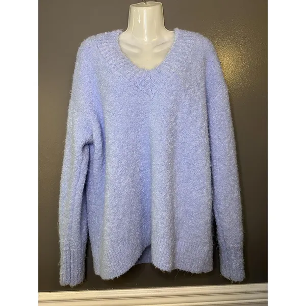 Aerie Sweater Womens Medium Blue Fuzzy Chunky Knit V Neck Pullover Cozy Soft - Image 2