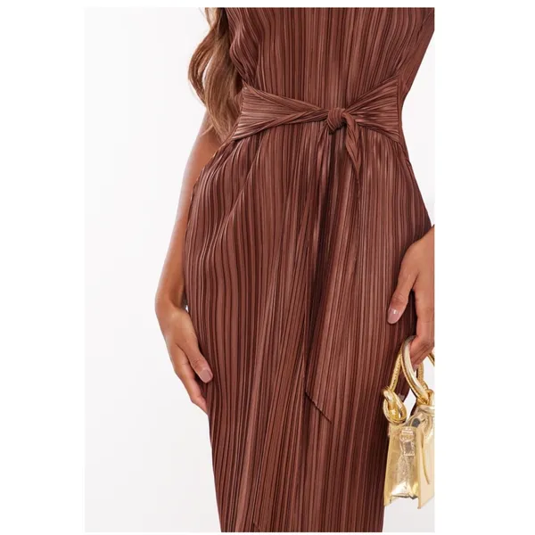 New PrettyLittleThing Chocolate Brown Plisse V Bar Tie‎ Waist Midi Dress Size 4 - Image 4