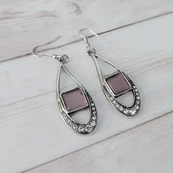 Long Silver Tone, Pink, Clear Gem Dangle Earrings - Image 2