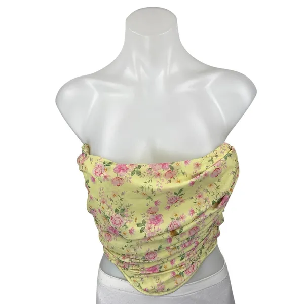 House of CB Vivienne Yellow Floral Strapless Drape Corset Bustier Crop Top XS - Image 2