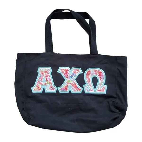 Alpha Chai Omega Tote Bag Black Embroidered Floral Logo Initials Pockets 16"x10" - Image 7