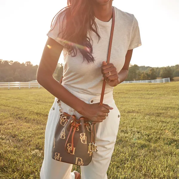 Dooney & Bourke NEW WITH TAG Brown Monogram Small Drawstring Crossbody Bag $218 - Image 3