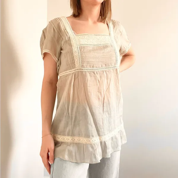 Vintage Marty Nordstrom Boho Lace-Trim Square Neck Women's Top in Cream - Image 4