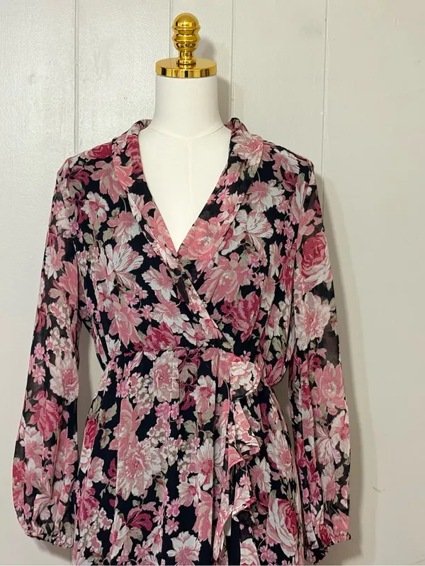 Bardot Floral Wrap Maxi Dress Ruffle Side Slit Black Pink Size M - Image 2