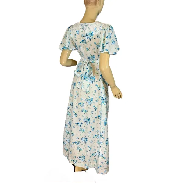 Vintage Circa 1970'S White W/Blue Floral Print Empire Waist Maxi Dress (S) - Image 4