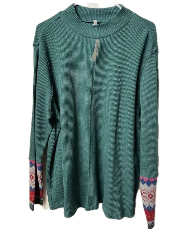 NWT Maurices Waffle Mock Neck Fair Isle Cuff Mixer Tee - Image 2