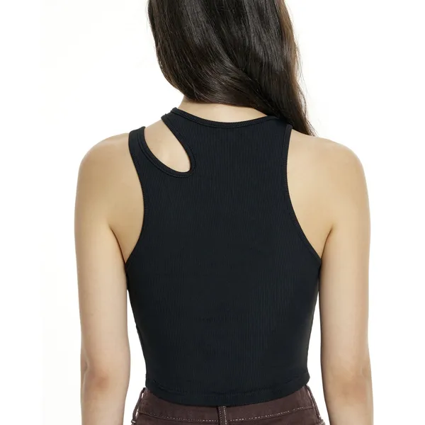 Cider Black Solid Asymmetrical Sleeveless Crop Top Ribbed Tank Top Size Large - Image 2
