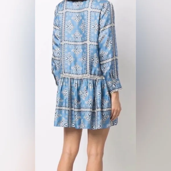 Sandro Blue Paisley Long Sleeve Collared Chloe Silk Mini Dress **Size 40/US 8** - Image 2