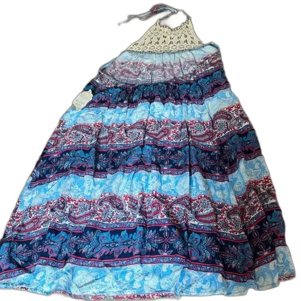 Altar’d State NWT Paisley Crochet Halter Dress M Navy Pink Boho Festival - Image 2
