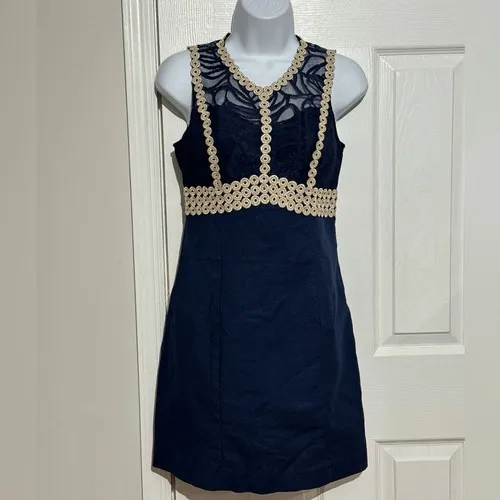 Lilly Pulitzer Shift‎ Dress Womens Navy Blue Lace Trim Sleeveless 00 - Image 2