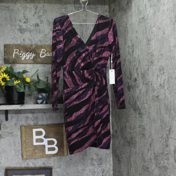 NWT Siena Metallic Side-Twist Long Sleeve Faux Wrap Mini Dress Purple Multi 8 - Image 5