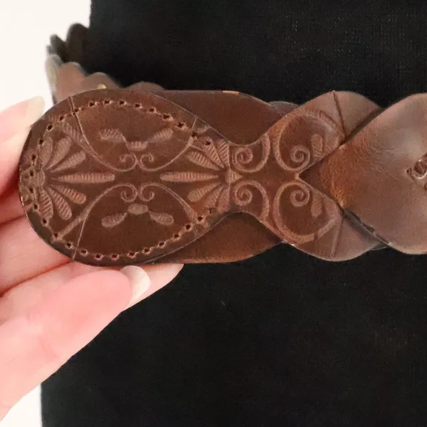 Boho Braided Heart Tooled Leather Belt Womens Size XL Brown Floral Y2K Cowgirl - Image 2