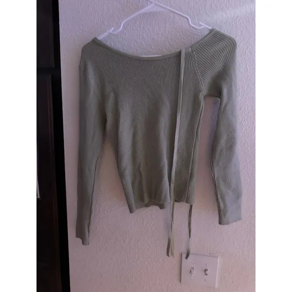 Sage Green Ribbed Knit Asymmetrical Tie Neck Long Sleeve Top‎ Sweater - Image 4