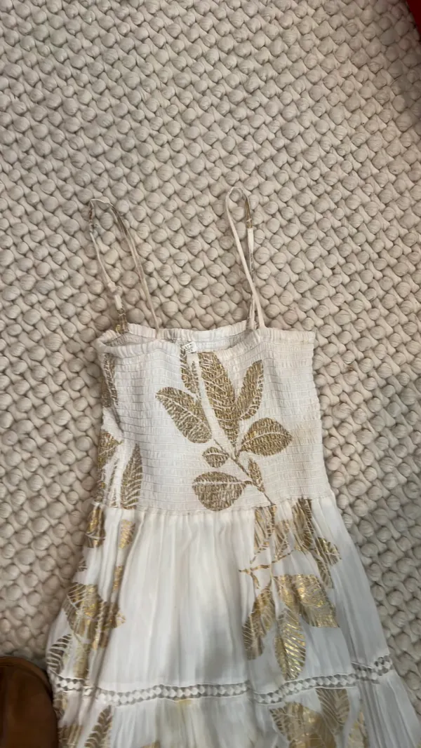 White And Gold Feather Pattern Maxi Dress - Image 6