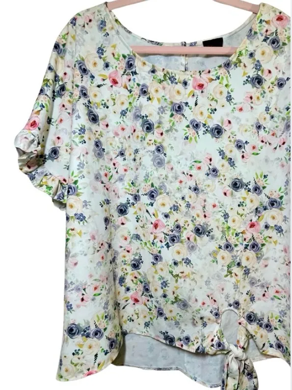 Floral Short Sleeve Ruffle Tie Knot Blouse ~ Women’s XL Cottage Feminine Top - Image 2