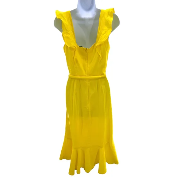 Reserved Yellow Linen Blend Ruffle Wrap Midi Dress Square Neck Tie‎ Waist 8 - Image 4