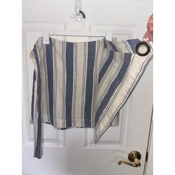 Free People Blue Stripe Tuscan Sunrise Mini Skirt Linen Blend 4 Faux Wrap - Image 3