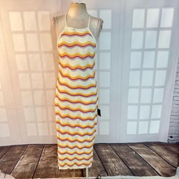 Lulus Natural Bliss NWT Ivory Striped Crochet Lace Up Halter Midi Dress Medium - Image 5