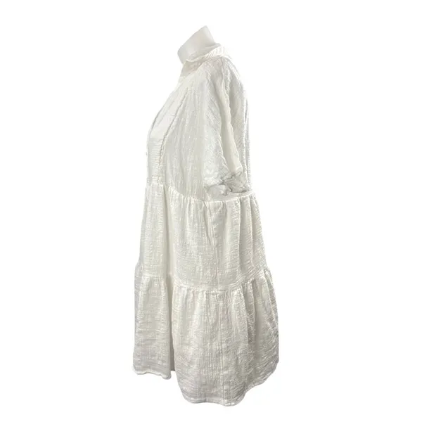Molly Green White Collared Short Sleeve Tiered Mini Flare Shirt A-Line Dress M - Image 2