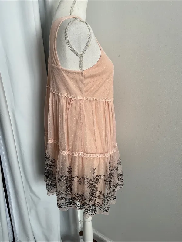 Ultra Pink Blush Stretch Sleeveless Tiered Mini Dress with Black Embroidered Hem - Image 5