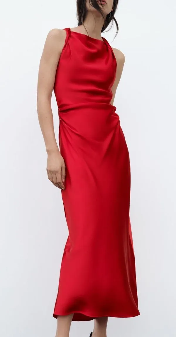 Zara dress Maxi Red satin Lingerie Fitted wedding Party - Image 12