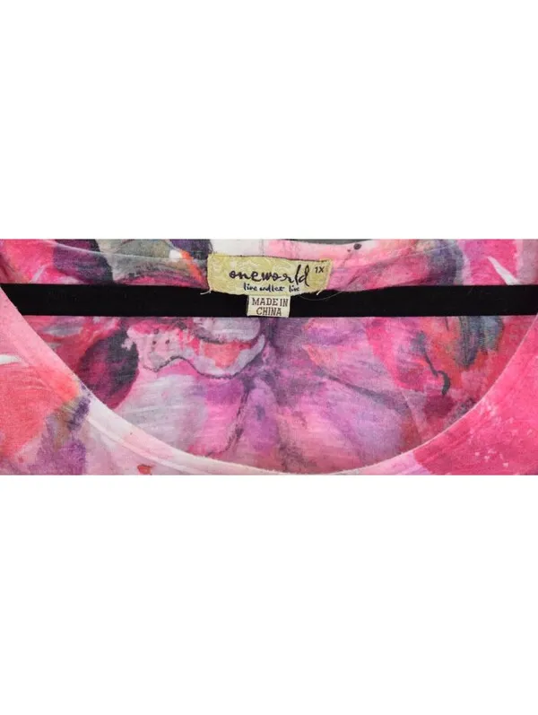 OneWorld Live and Let Live Women's 1X Pink Watercolor Floral Lace Sleeve Top - Image 3