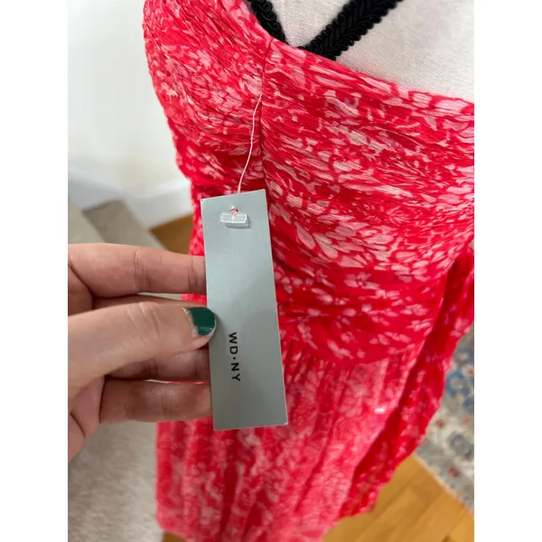 NWT WDNY Silk Hot Pink Ruched Floral Strapless Sequin Midi Tea Dress - Image 5