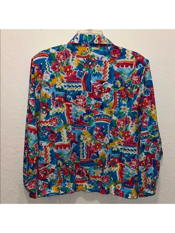 Vintage Tropical Floral Zip Up Jacket Red Size M - Image 4