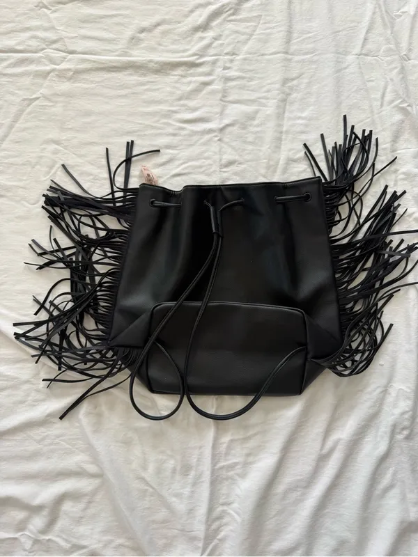 Victoria's Secret Black Fringe Backpack Boho Festival Faux‎ Leather Purse NWT - Image 2