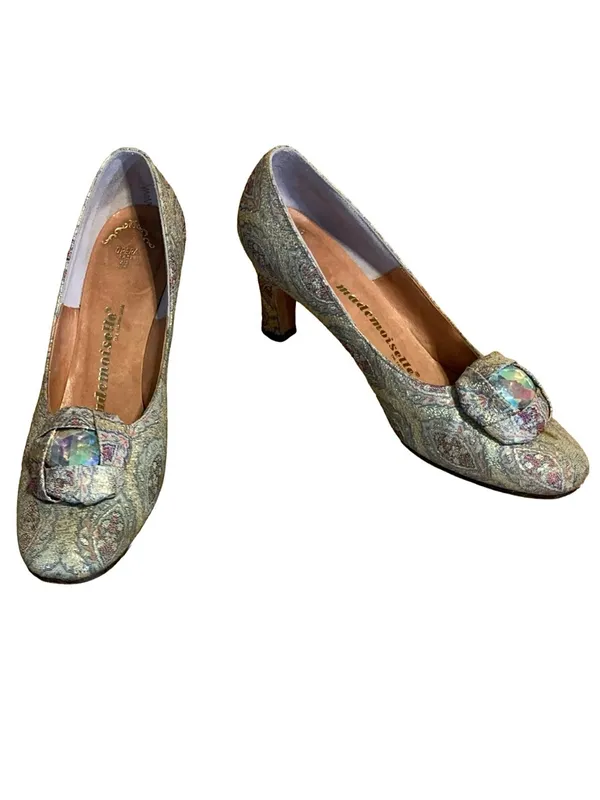 Vintage 1960'S Mademoiselle Light Blue & Gold Brocade Paisley Heels (7.5n) - Image 2