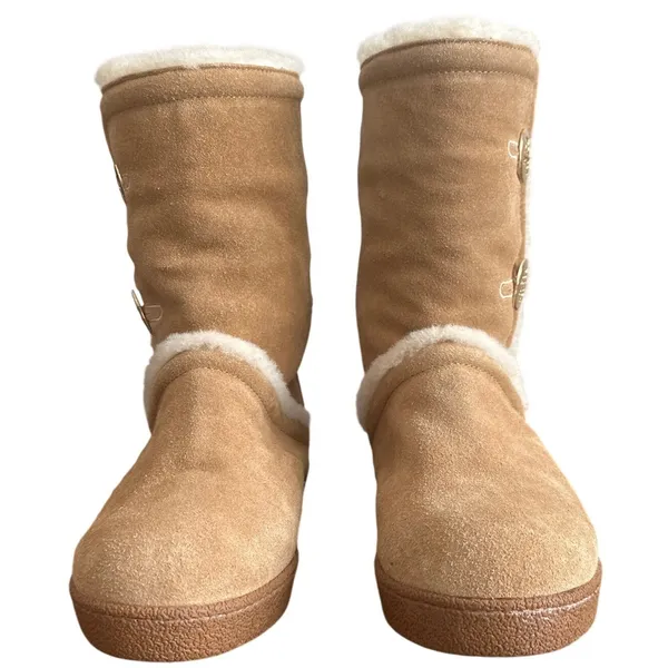 Tory Burch Ginger Suede Shearling Boots 8 Gold Double T Button Winter - Image 3