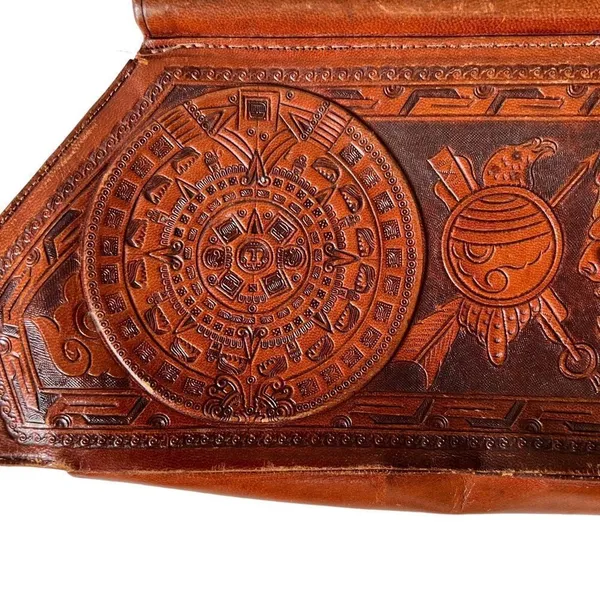Vintage Abtik Hand-tooled Mayan Print Leather Clutch - Image 5