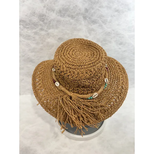 Panama Jack Women Brown Toyo Straw Sun Hat Cowrie Shell Bead‎ Tassel Vacation - Image 3