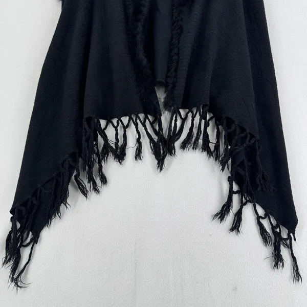 Black Faux Fur Trim Poncho Vest Women Fringe Shawl Cape Boho Gothic One Size - Image 5