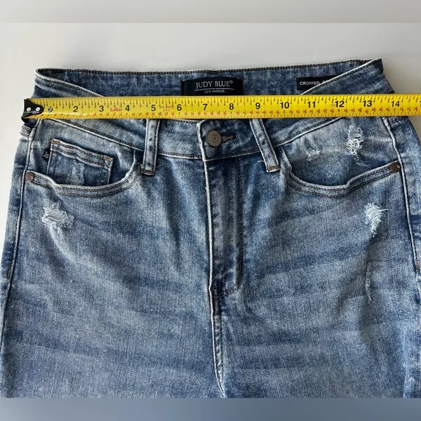 Judy Blue Cropped Bootcut Jean Distressed Stretch High Rise Chewed Hem Boho 7/28 - Image 6