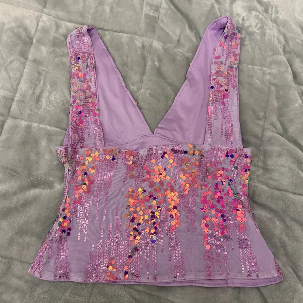 Purple Sequin V Neck Tank Top Y2K 2000s Going Out Top Glam - Image 6