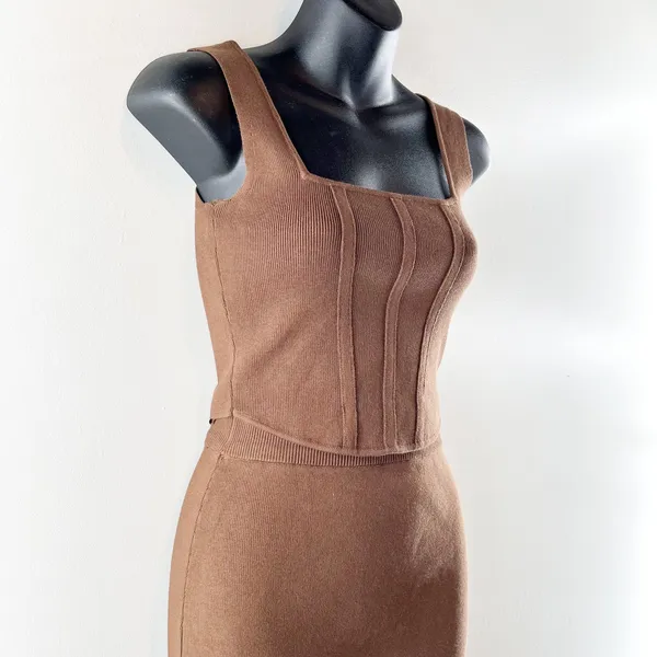 Miou Muse Knit Set Cropped Corset Top High Rise Midi Skirt Brown Small - Image 8