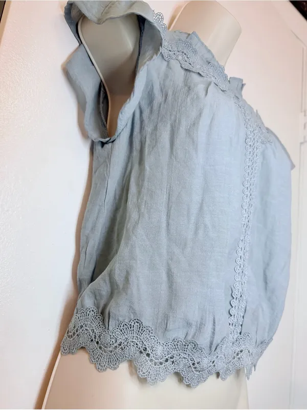 Mine Dusty Blue Lace Trim Blouse Short Sleeve Ruffle Neck Boho Women’s M - Image 5
