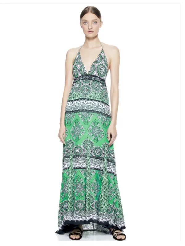 Alice & Olivia Alette Halter Maxi Dress Green‎ New Size 12 NWT Bandana Print - Image 3