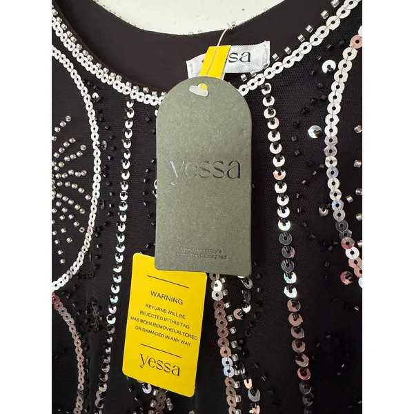 Yessa Flapper Dress Women L Black NEW 1920s Gatsby Sequin Fringe Art Deco Party - Image 3